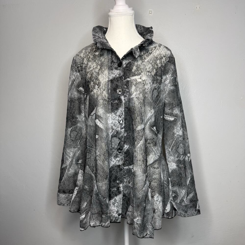 Damee Inc Gray Lace Mesh Button-Front Tunic Top Women’s Medium Ruffle Collar
